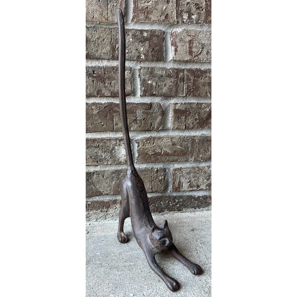 Vintage Heavy Cast Iron Doorstop Minimalist Cat Stretching with Long 18" Tail - Picture 1 of 8